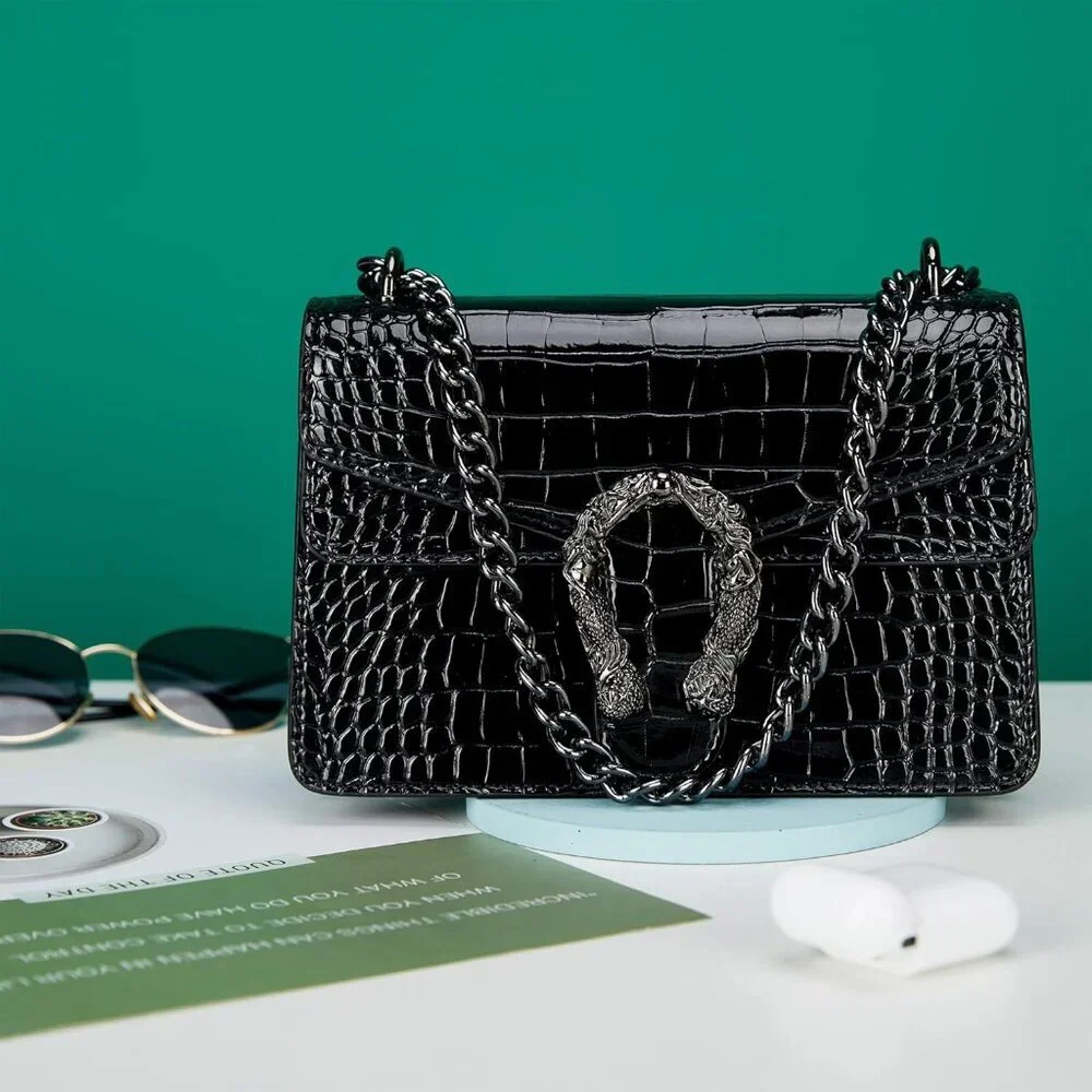 ⚡ Women's Black Snake Vegan Leather Print Casual Satchel Crossbody Handbag
